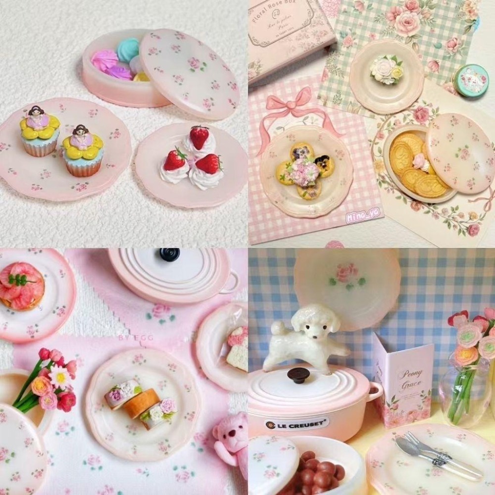 微縮 絲果兔兔醬 奶玻璃 花邊盤 格紋盤 盤子 玫瑰漸層 玫瑰 絲果兔 絲果兔兔 迷你 袖珍 食玩-細節圖8