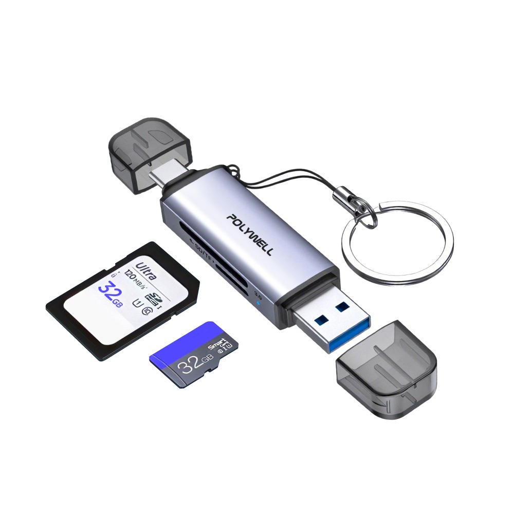 新韻收藏家 台灣POLYWELL USB3.0 SD/TF高速讀卡機 USB-A Type-C雙插頭 附掛繩 寶利威爾-細節圖2