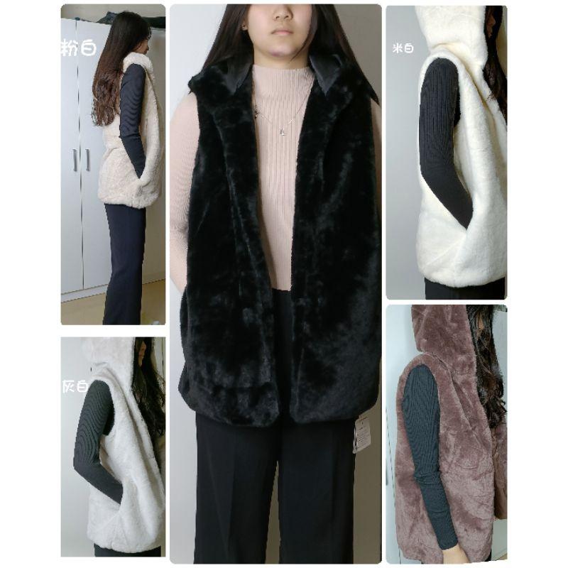 「現貨」時尚背心 長版泰迪熊毛背心 長版軟毛連帽背心 長版 背心 束口圍巾 毛毛圍巾 冬天 保暖［AN.shop]-細節圖5