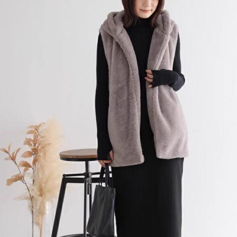 「現貨」時尚背心 長版泰迪熊毛背心 長版軟毛連帽背心 長版 背心 束口圍巾 毛毛圍巾 冬天 保暖［AN.shop]-細節圖6