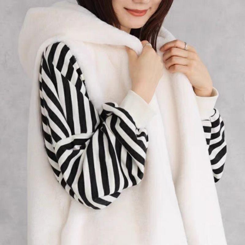 「現貨」時尚背心 長版泰迪熊毛背心 長版軟毛連帽背心 長版 背心 束口圍巾 毛毛圍巾 冬天 保暖［AN.shop]-細節圖7