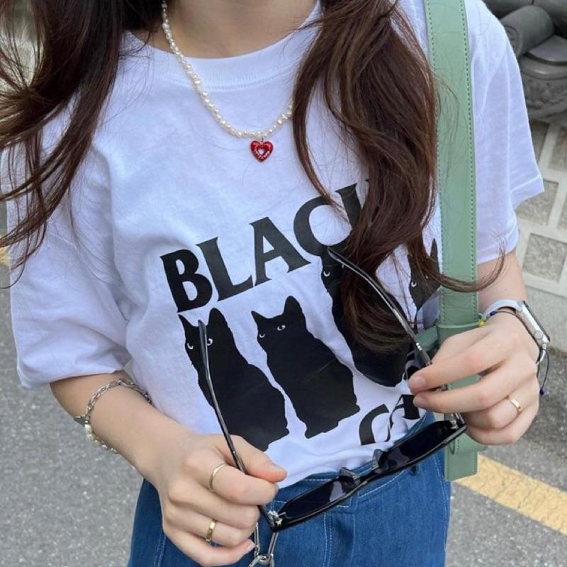 [現貨］韓國代購🇰🇷 韓國品牌 Vivastudio 四隻貓咪 黑貓 白貓 短袖 短T 夏天上衣 韓國衣服-細節圖6
