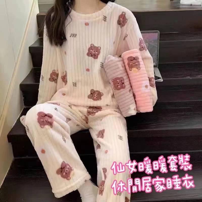 現貨快速出貨🚚 仙女暖暖套裝 睡衣套裝 珊瑚絨 暖暖服 居家套裝 加厚 寬松 居家服 休閒套裝 網紅 睡衣套裝-細節圖2