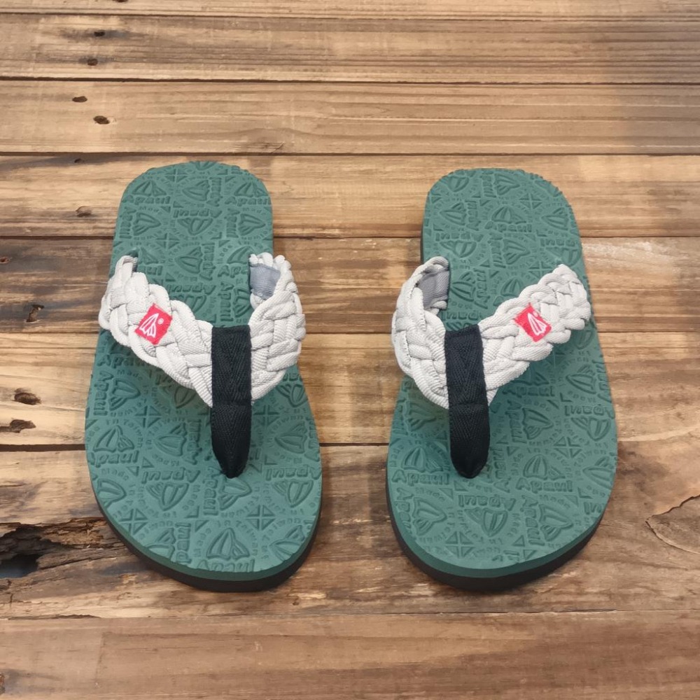 【APAUL雅鉑】32317-4  灰/綠 編織風寬版拖鞋 美式風格夾腳拖-細節圖2