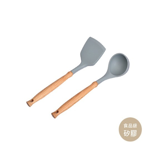 Copper Chef 食品級耐熱矽膠木柄鏟具-二件組(鍋鏟+湯勺-灰色款)