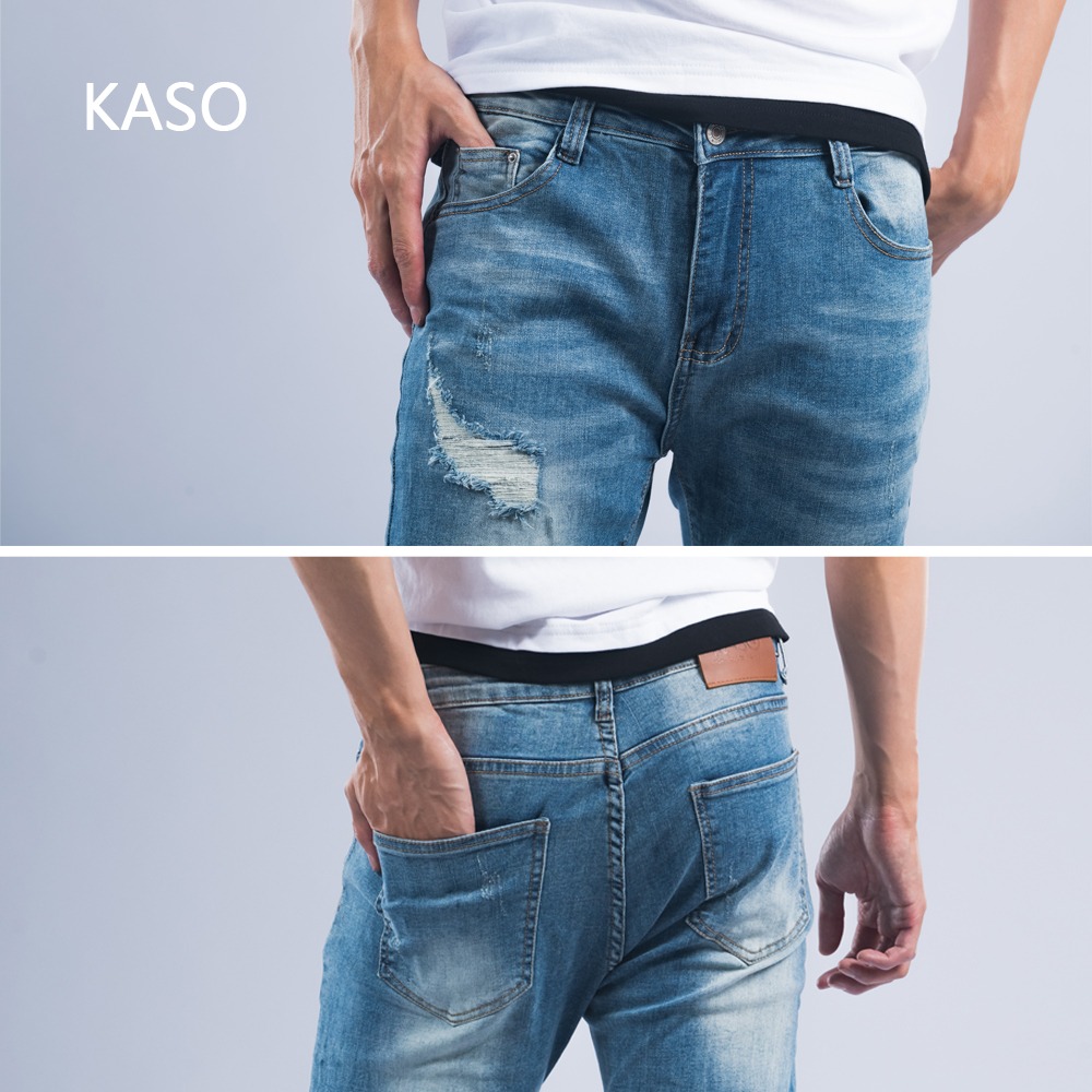 KASO 自訂款 彈力刷破錐形牛仔褲 復古藍 M-3L 8801-細節圖3