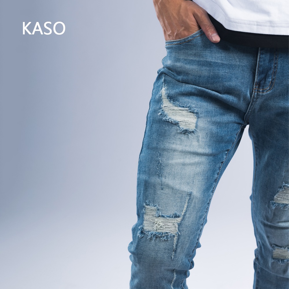 KASO 自訂款 彈力刷破錐形牛仔褲 復古藍 M-3L 8801-細節圖4