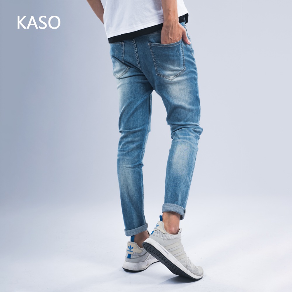 KASO 自訂款 彈力刷破錐形牛仔褲 復古藍 M-3L 8801-細節圖5