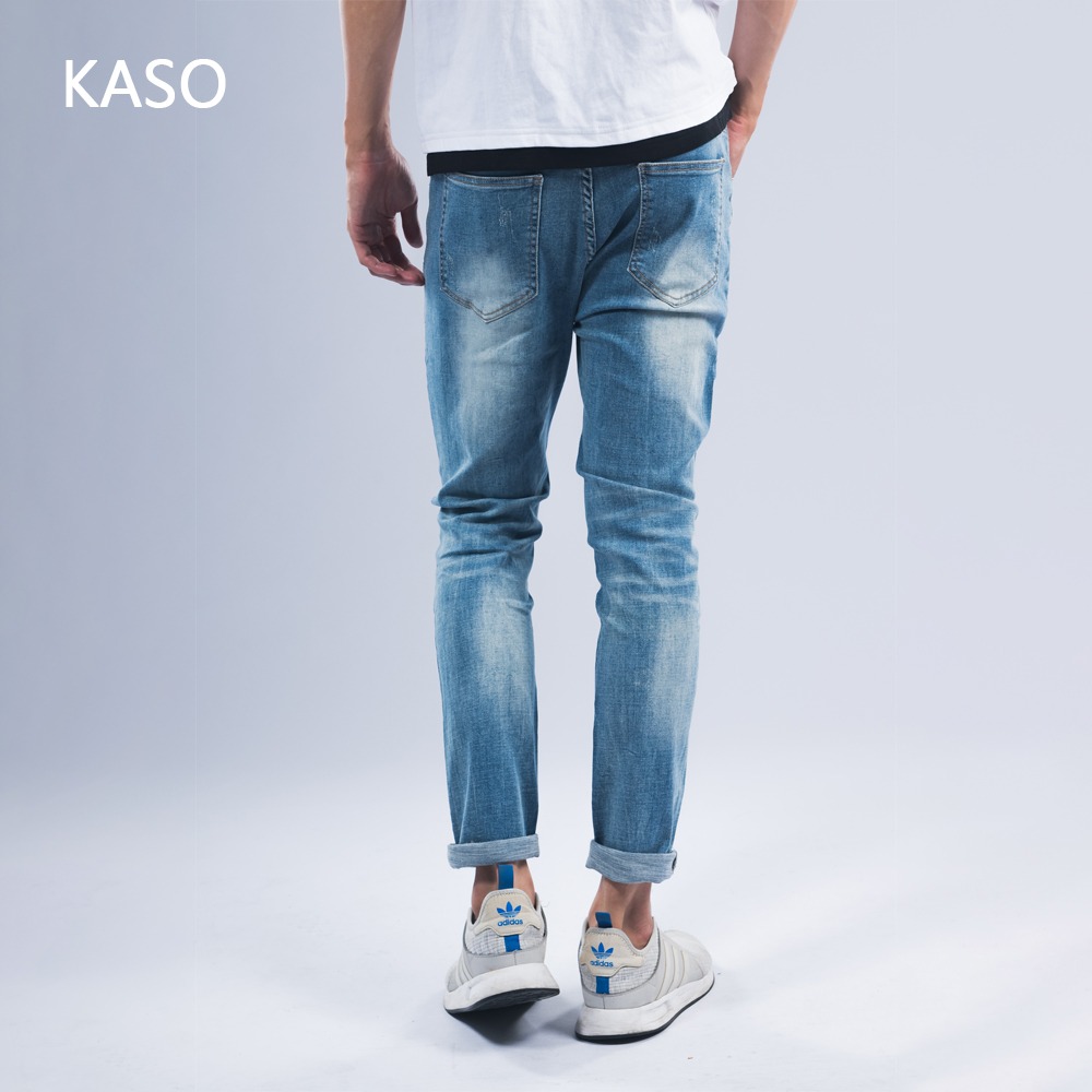 KASO 自訂款 彈力刷破錐形牛仔褲 復古藍 M-3L 8801-細節圖6