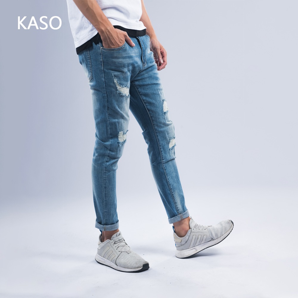 KASO 自訂款 彈力刷破錐形牛仔褲 復古藍 M-3L 8801-細節圖7