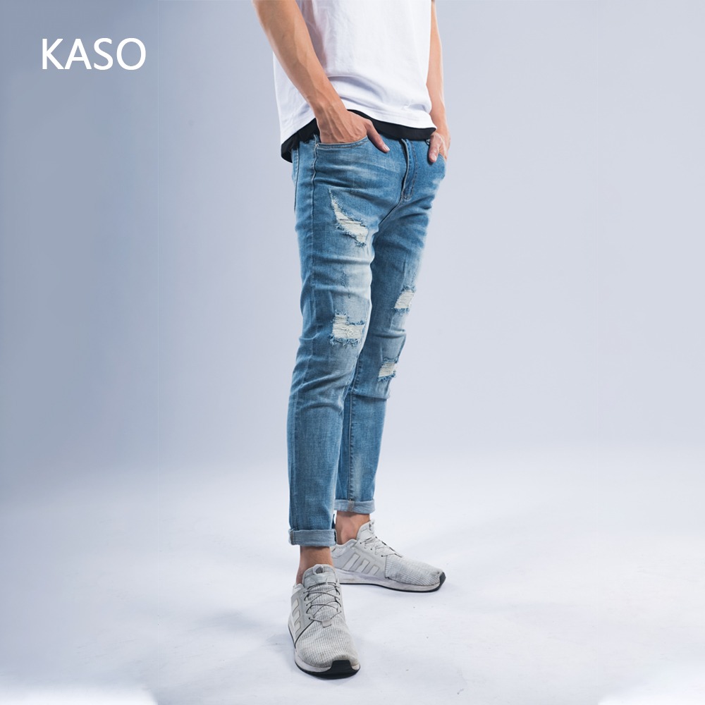 KASO 自訂款 彈力刷破錐形牛仔褲 復古藍 M-3L 8801-規格圖8