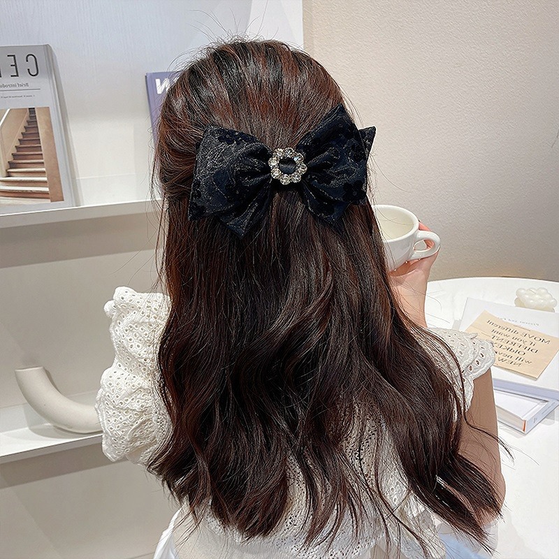 發票+台灣現貨天天寄【粉紅菲菲】韓版水鑽花朵印花歐根紗氣質蝴蝶結髮夾彈簧夾後腦勺網紅髮卡髮飾（A265）38-0118-細節圖2