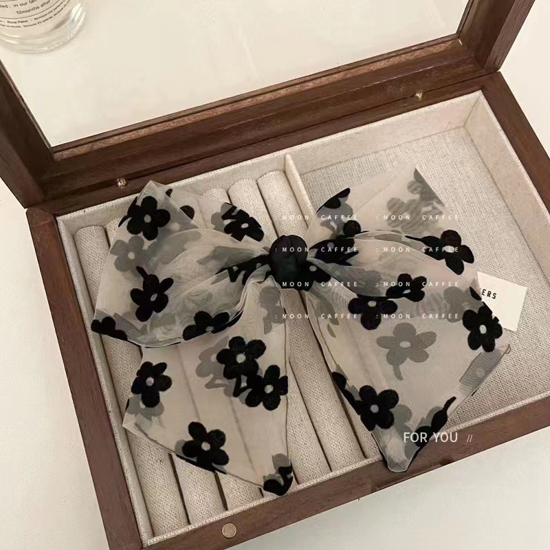 發票+台灣現貨天天寄【粉紅菲菲】韓版水鑽花朵印花歐根紗氣質蝴蝶結髮夾彈簧夾後腦勺網紅髮卡髮飾（A265）38-0118-細節圖6