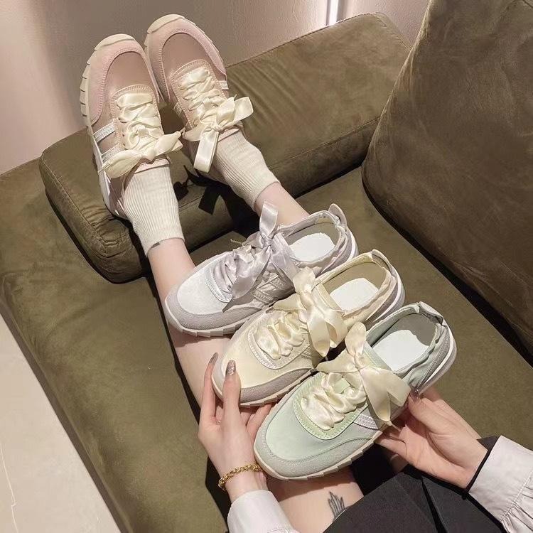 TATA【現貨➕預購】小仙女外出踏青款 平底阿甘鞋 休閒穿搭 休閒布鞋 緞帶鞋帶 粉嫩色系好可愛~-細節圖2