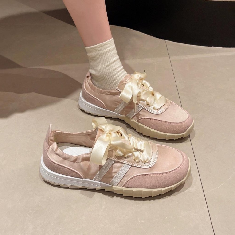 TATA【現貨➕預購】小仙女外出踏青款 平底阿甘鞋 休閒穿搭 休閒布鞋 緞帶鞋帶 粉嫩色系好可愛~-細節圖4