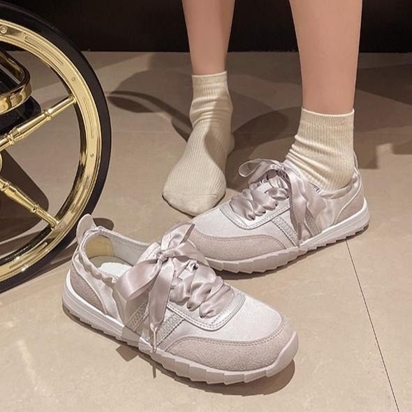 TATA【現貨➕預購】小仙女外出踏青款 平底阿甘鞋 休閒穿搭 休閒布鞋 緞帶鞋帶 粉嫩色系好可愛~-細節圖5