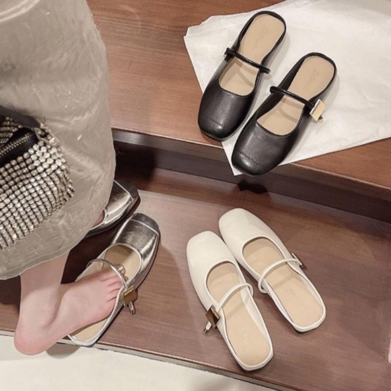 TATA【現貨➕預購】韓版法式小巴黎風銀色半拖鞋瑪莉珍低跟穆勒鞋銀色半拖休閒鞋銀色一字帶小方頭半拖包鞋-細節圖3