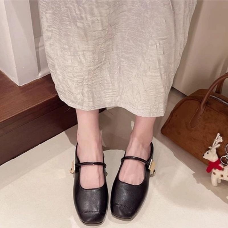 TATA【現貨➕預購】韓版法式小巴黎風銀色半拖鞋瑪莉珍低跟穆勒鞋銀色半拖休閒鞋銀色一字帶小方頭半拖包鞋-細節圖4