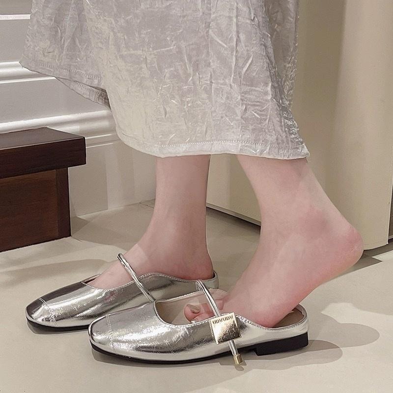 TATA【現貨➕預購】韓版法式小巴黎風銀色半拖鞋瑪莉珍低跟穆勒鞋銀色半拖休閒鞋銀色一字帶小方頭半拖包鞋-細節圖5