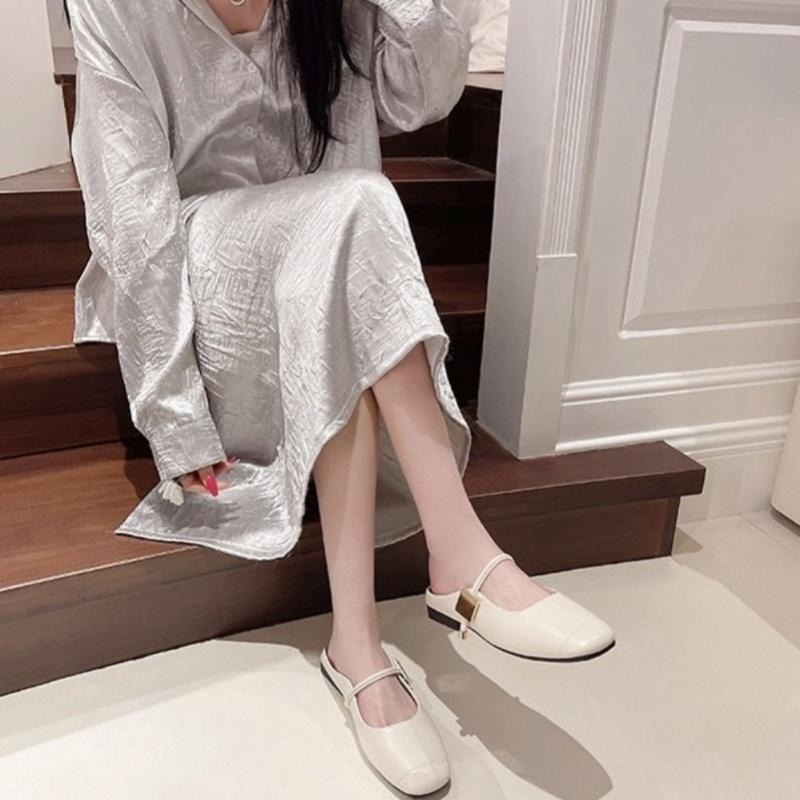 TATA【現貨➕預購】韓版法式小巴黎風銀色半拖鞋瑪莉珍低跟穆勒鞋銀色半拖休閒鞋銀色一字帶小方頭半拖包鞋-細節圖6