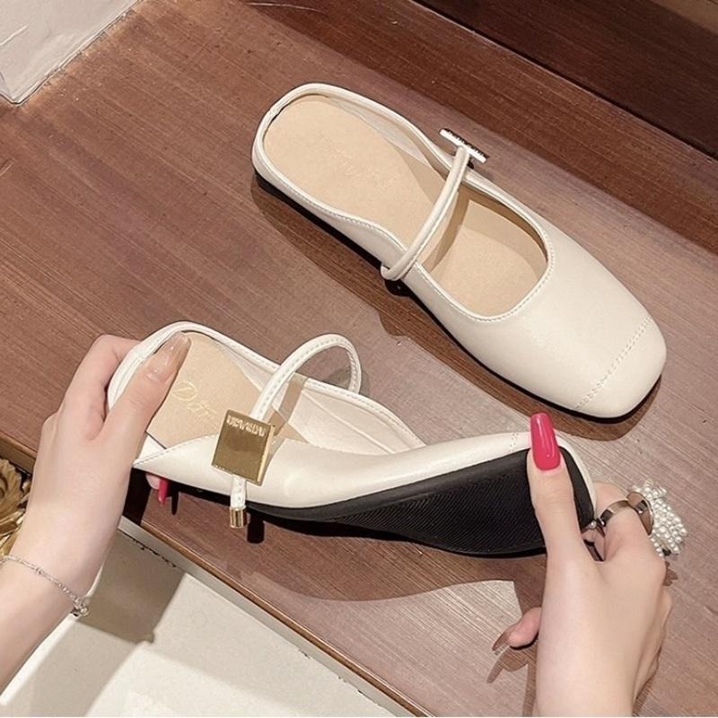 TATA【現貨➕預購】韓版法式小巴黎風銀色半拖鞋瑪莉珍低跟穆勒鞋銀色半拖休閒鞋銀色一字帶小方頭半拖包鞋-細節圖7