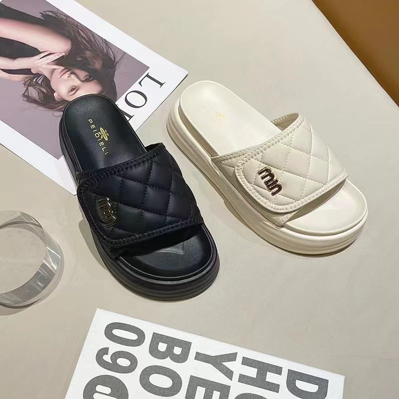 TATA【現貨➕預購】 皮面菱格紋小香風魔術貼涼拖鞋室外拖 室內拖2024新款百搭厚底一字拖-細節圖4