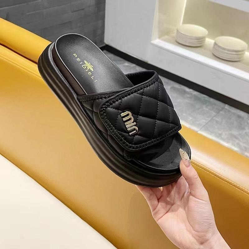 TATA【現貨➕預購】 皮面菱格紋小香風魔術貼涼拖鞋室外拖 室內拖2024新款百搭厚底一字拖-細節圖5