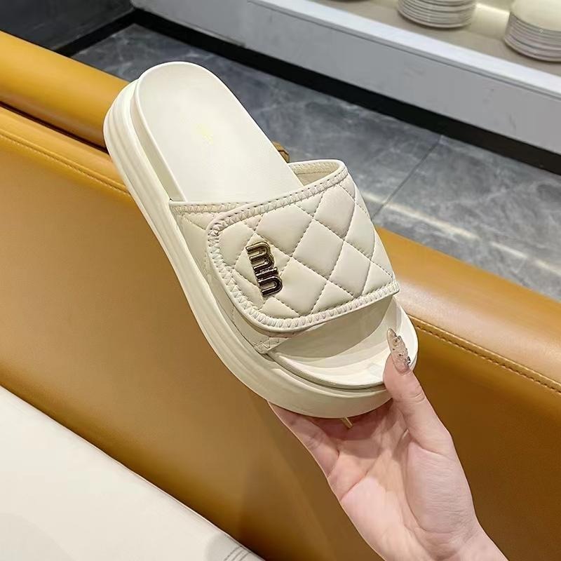 TATA【現貨➕預購】 皮面菱格紋小香風魔術貼涼拖鞋室外拖 室內拖2024新款百搭厚底一字拖-細節圖6