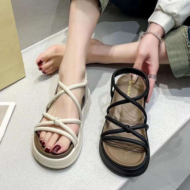 TATA【現貨➕預購】厚底免綁帶羅馬鞋女鞋涼鞋平底露趾女款涼鞋小米結扭結後底休閒涼鞋坡跟涼鞋-細節圖2