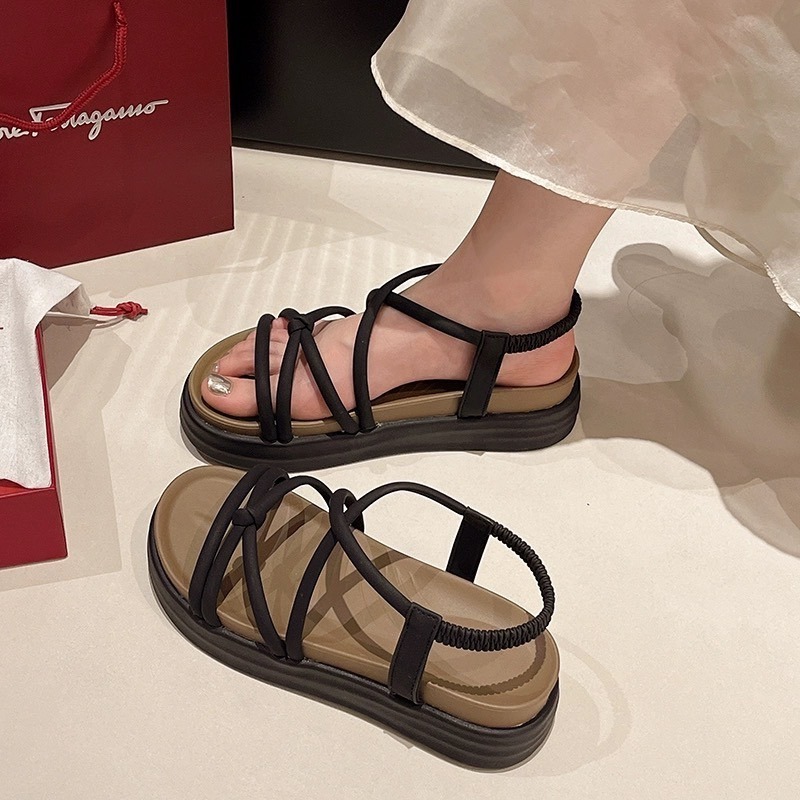 TATA【現貨➕預購】厚底免綁帶羅馬鞋女鞋涼鞋平底露趾女款涼鞋小米結扭結後底休閒涼鞋坡跟涼鞋-規格圖7