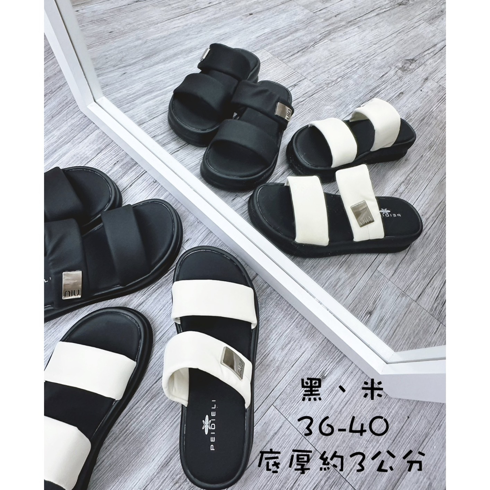 TATA【現貨➕預購】一字金屬飾片拖鞋 黑白簡約 百搭平底拖鞋 涼拖鞋 淑女鞋 外出輕便拖鞋 增高拖鞋-細節圖6