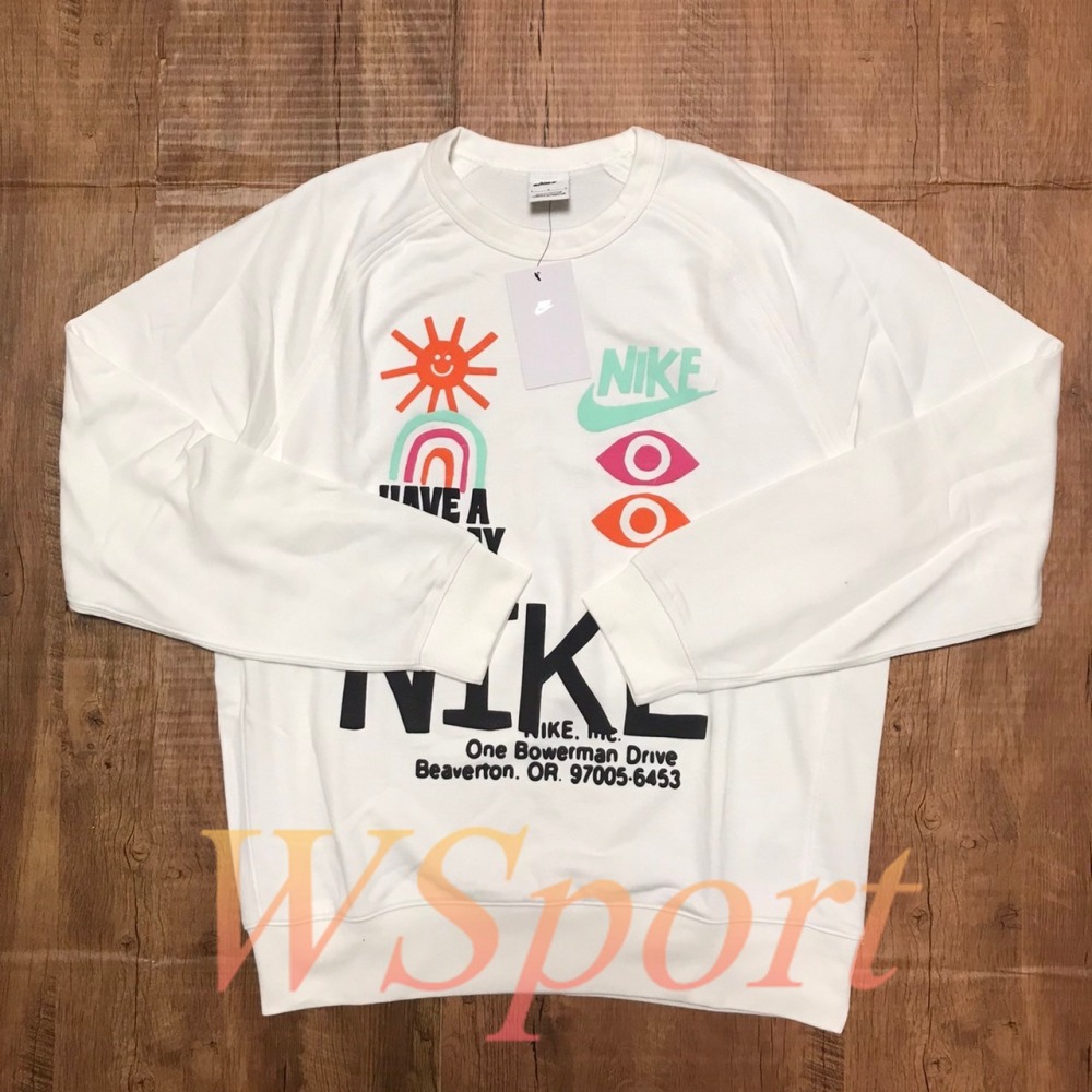 【WS】NIKE NSW HBR CREW 白 男款 運動 休閒 塗鴉 長袖 T恤 大學T DQ4170-100-細節圖2