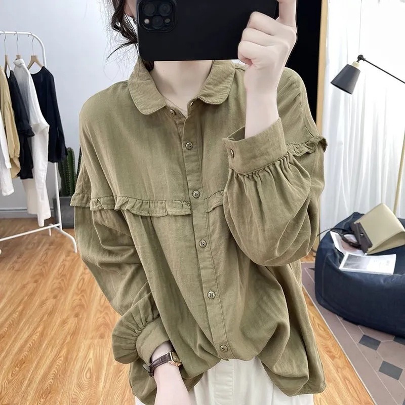 現貨-森系軍綠色柔軟襯衫-細節圖2