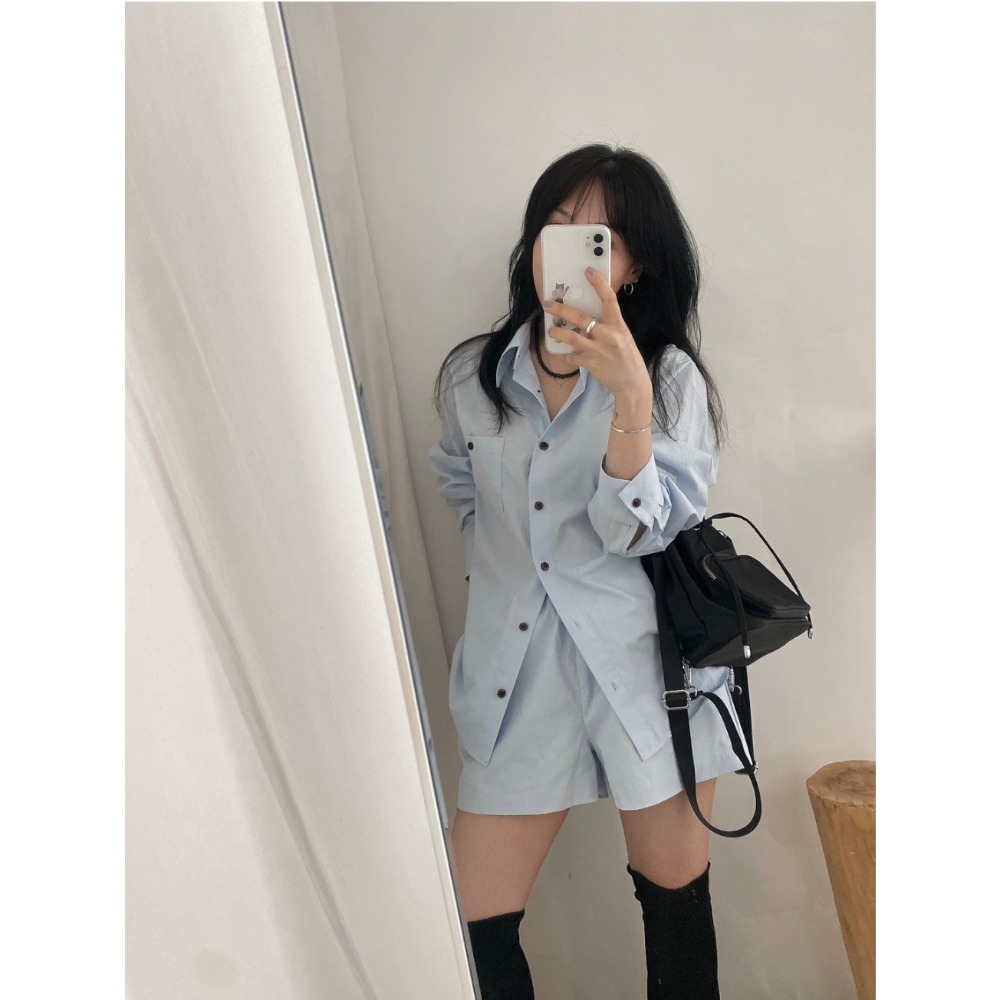 預購/HEDY赫蒂/ 正韓 氣勢感 長襯衫+短褲 套裝百搭款 （Free）(象牙白、天空藍、藏青)-細節圖3