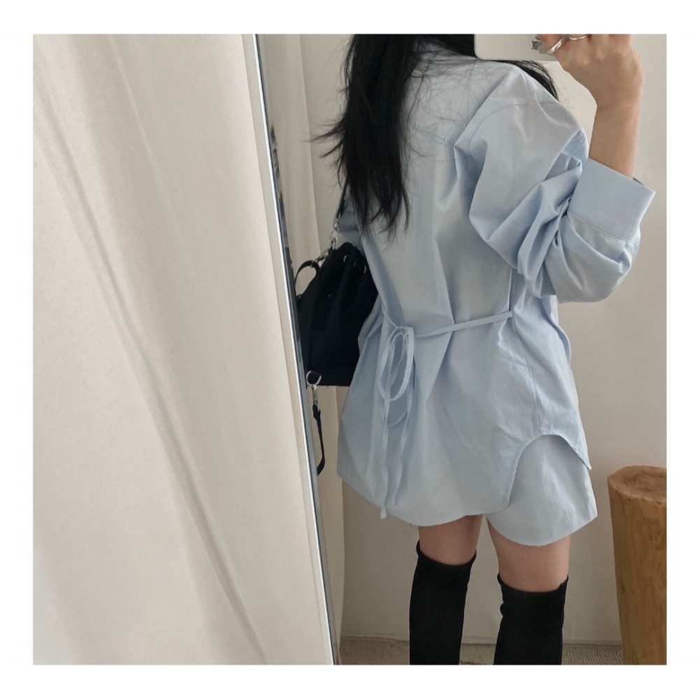預購/HEDY赫蒂/ 正韓 氣勢感 長襯衫+短褲 套裝百搭款 （Free）(象牙白、天空藍、藏青)-細節圖4