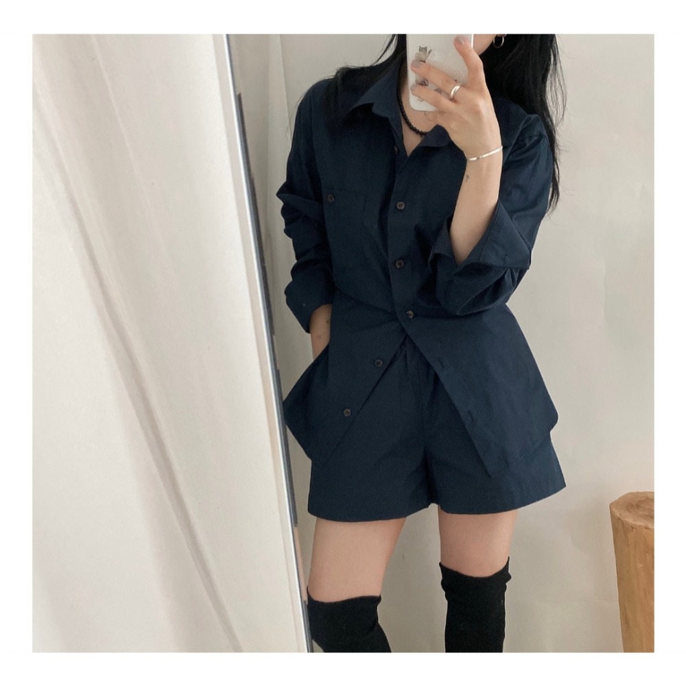 預購/HEDY赫蒂/ 正韓 氣勢感 長襯衫+短褲 套裝百搭款 （Free）(象牙白、天空藍、藏青)-細節圖5