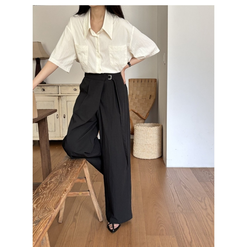 預購/HEDY赫蒂 正韓 涼感 打摺西裝寬褲 側腰D扣調節/夏褲/後腰鬆緊帶（Free）(黑、奶油白)-細節圖2