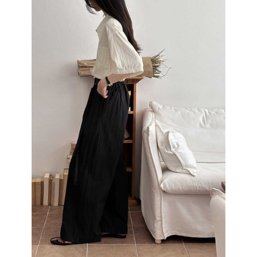 預購/HEDY赫蒂 正韓 涼感 打摺西裝寬褲 側腰D扣調節/夏褲/後腰鬆緊帶（Free）(黑、奶油白)-細節圖3