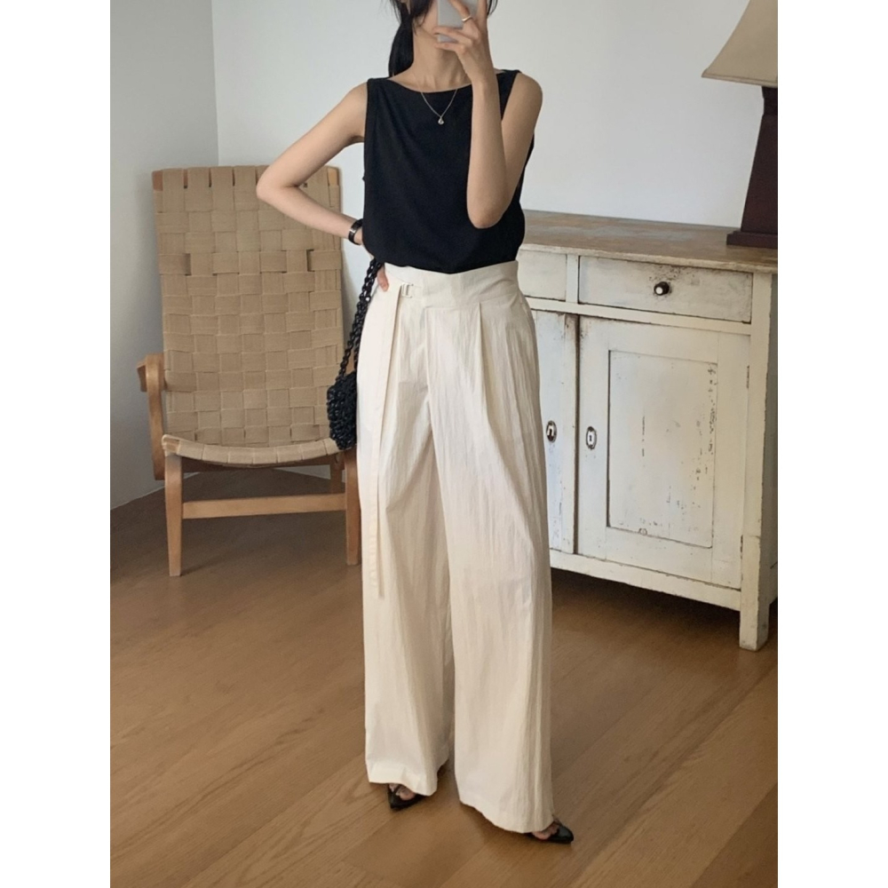 預購/HEDY赫蒂 正韓 涼感 打摺西裝寬褲 側腰D扣調節/夏褲/後腰鬆緊帶（Free）(黑、奶油白)-細節圖4