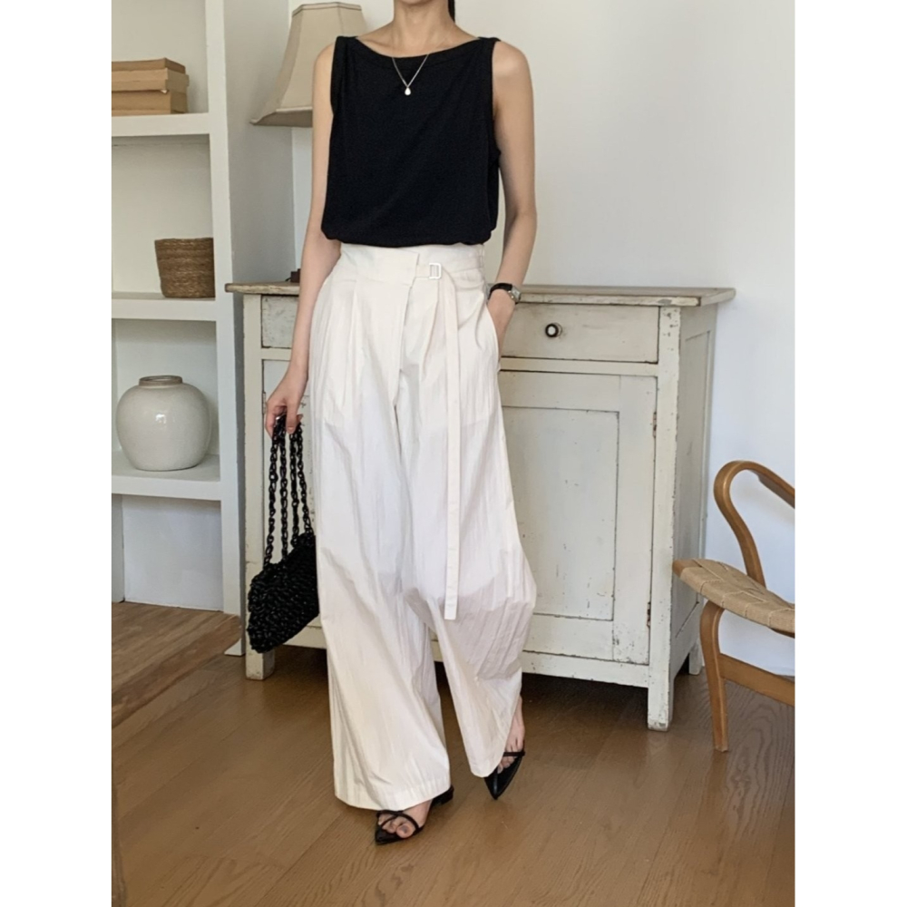 預購/HEDY赫蒂 正韓 涼感 打摺西裝寬褲 側腰D扣調節/夏褲/後腰鬆緊帶（Free）(黑、奶油白)-細節圖9