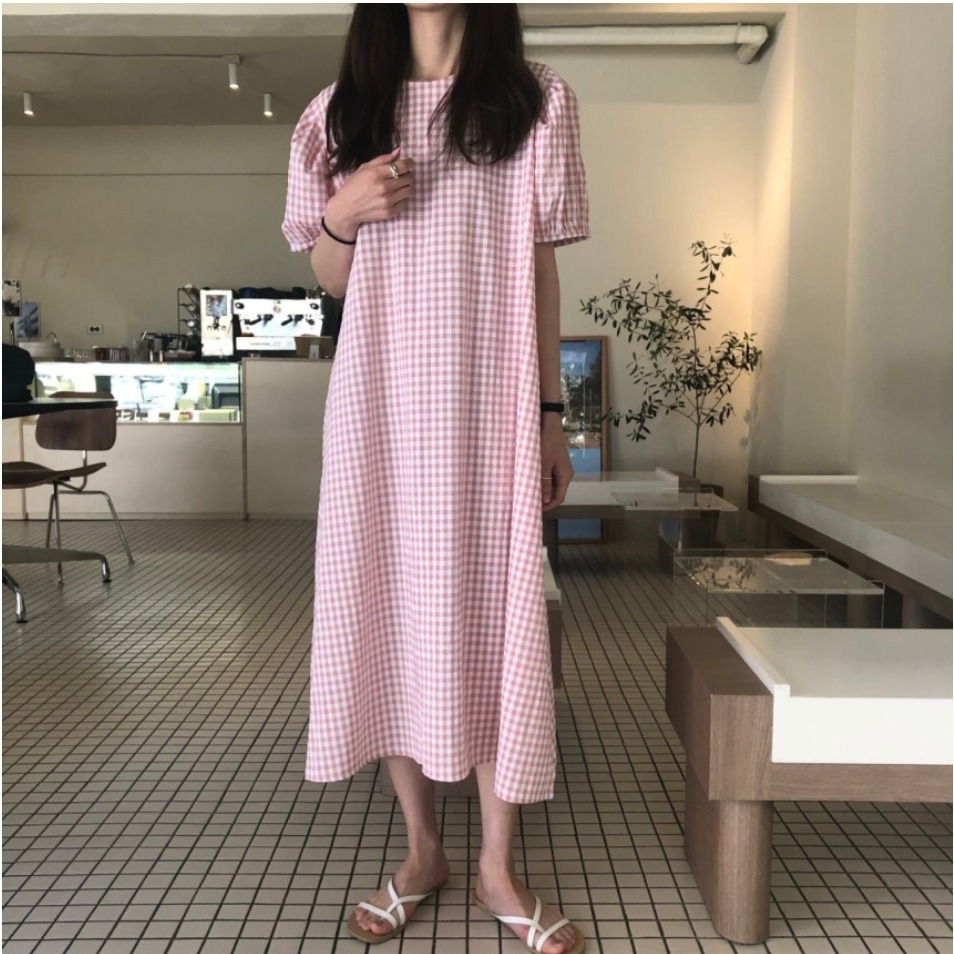 預購/HEDY赫蒂 正韓 文藝感 格子綁帶連身裙/格子洋裝/寬鬆/休閒/二穿(FREE S-L可穿)(粉、駝色、黑色)-細節圖2