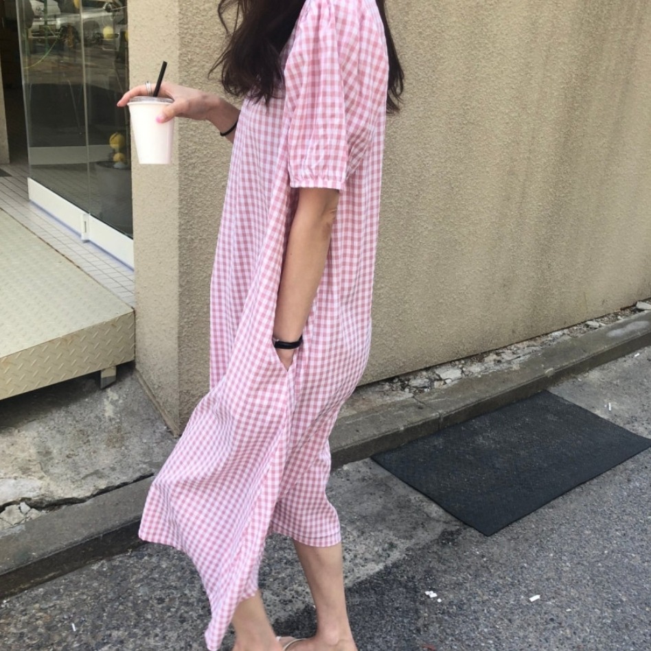 預購/HEDY赫蒂 正韓 文藝感 格子綁帶連身裙/格子洋裝/寬鬆/休閒/二穿(FREE S-L可穿)(粉、駝色、黑色)-細節圖3