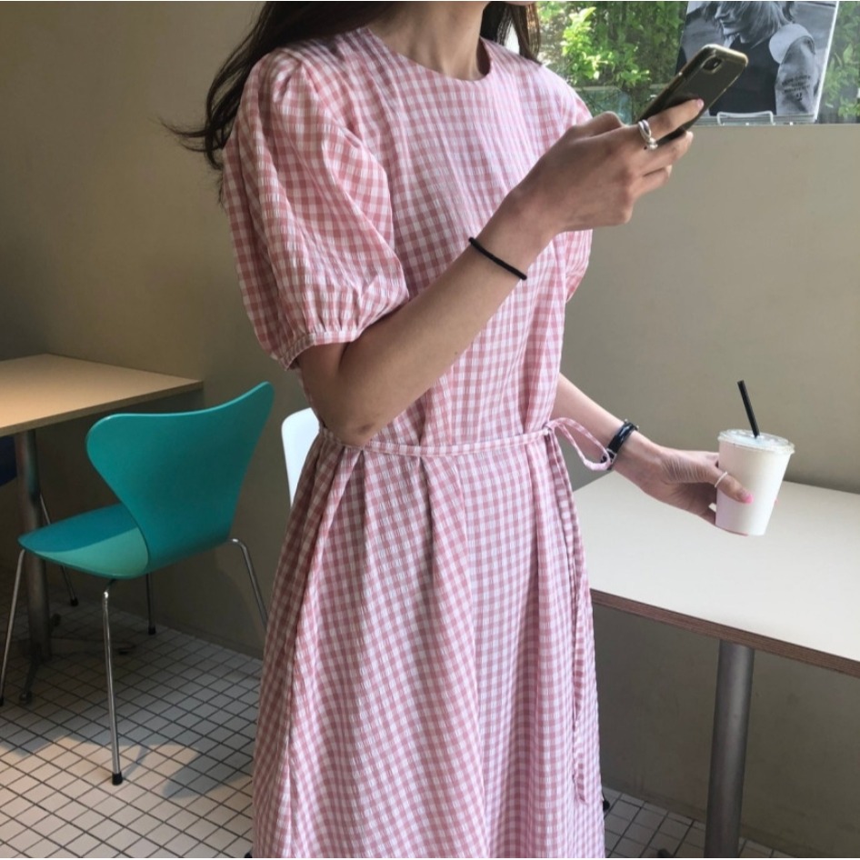 預購/HEDY赫蒂 正韓 文藝感 格子綁帶連身裙/格子洋裝/寬鬆/休閒/二穿(FREE S-L可穿)(粉、駝色、黑色)-細節圖4