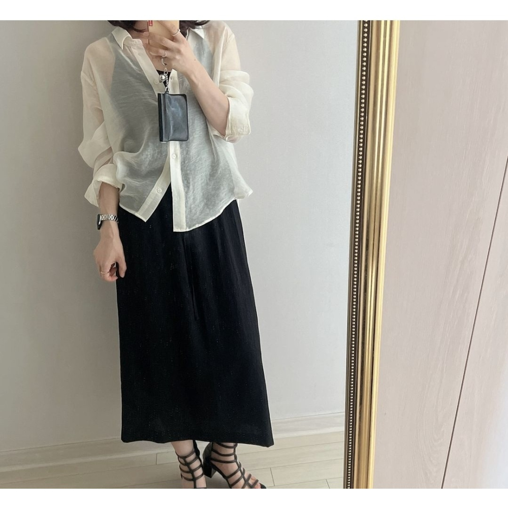 預購/HEDY赫蒂  正韓 飄逸感 彈力皺褶 鬆緊帶 綁帶休閒長裙 涼感/修身(FREE)(薄荷藍、黑、象牙白)-細節圖11