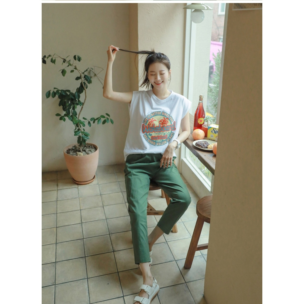 預購/HEDY赫蒂 正韓 小包袖 印花 夏日T恤/棉T/背心T恤 (FREE)(象牙白/藍/綠/墨色)-細節圖6