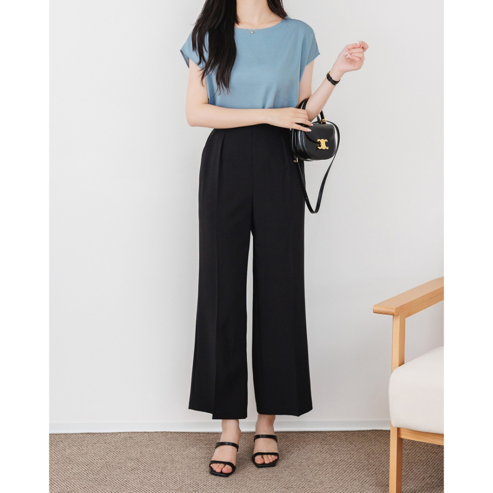 預購/HEDY赫蒂  正韓  船型領 雪紡衫/ 素面小包袖(FREE)(藍/米/炭/黑色)-細節圖3