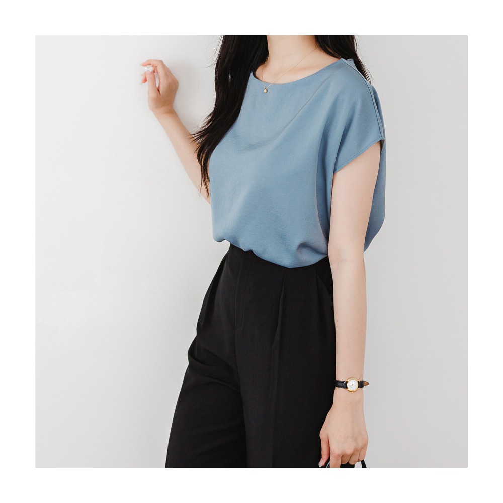 預購/HEDY赫蒂  正韓  船型領 雪紡衫/ 素面小包袖(FREE)(藍/米/炭/黑色)-細節圖7