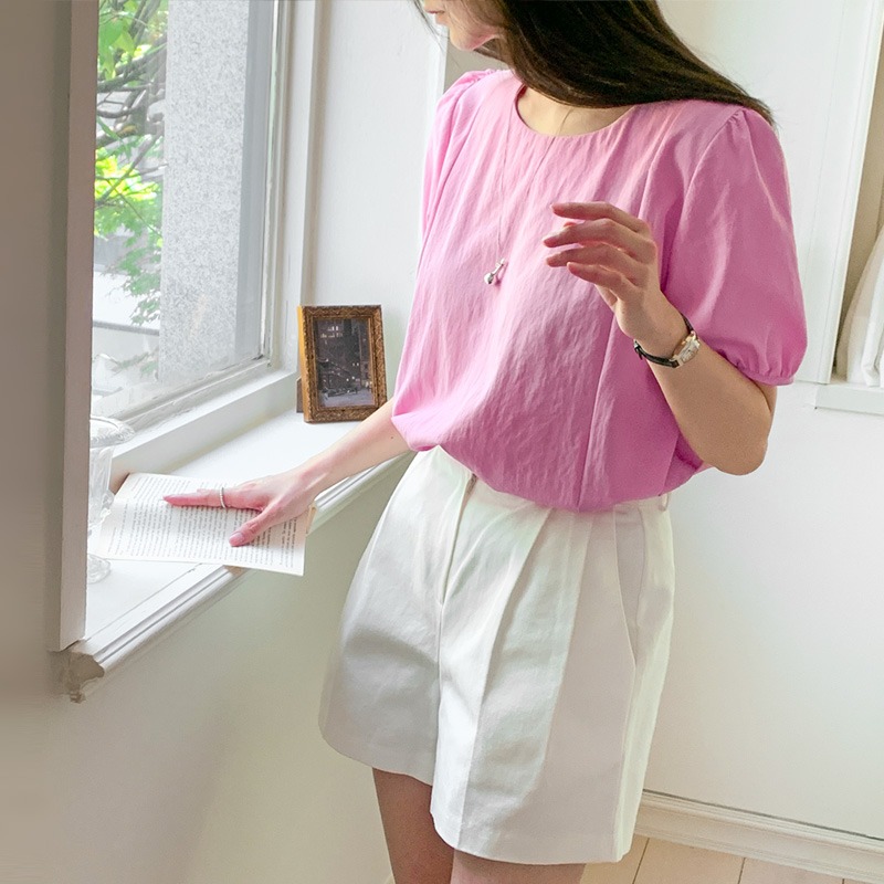 預購/HEDY赫蒂 正韓 素面切線 小傘狀 雪紡衫 抗皺/輕薄(FREE)(粉/米/白/黑)-細節圖4