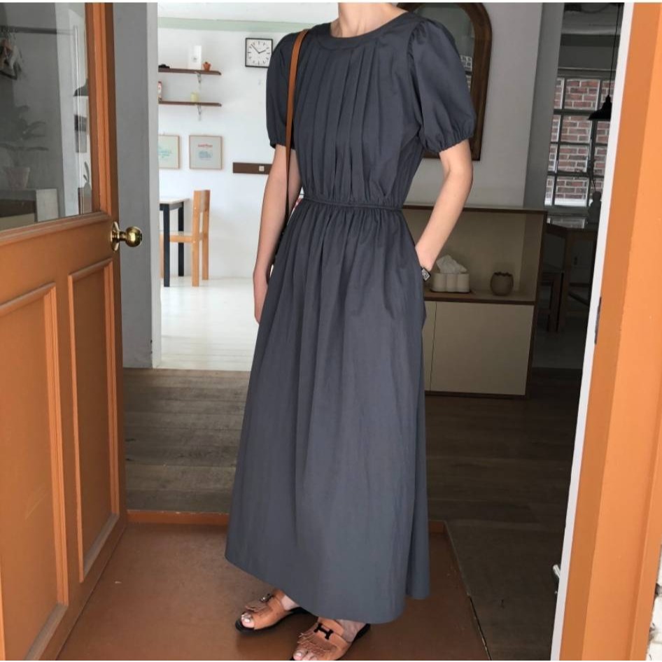 預購/HEDY赫蒂 正韓 前後二穿 優雅仙女皺褶連身長裙 細緻面料/腰鬆緊帶(FREE S-小L可穿)(藍/黑/墨色)-細節圖2