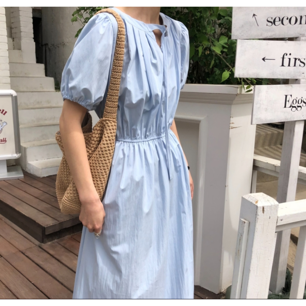 預購/HEDY赫蒂 正韓 前後二穿 優雅仙女皺褶連身長裙 細緻面料/腰鬆緊帶(FREE S-小L可穿)(藍/黑/墨色)-細節圖8